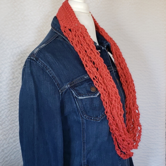 Handmade Knitted Headband Scarf Set. Coral Salmon - Picture 2 of 7